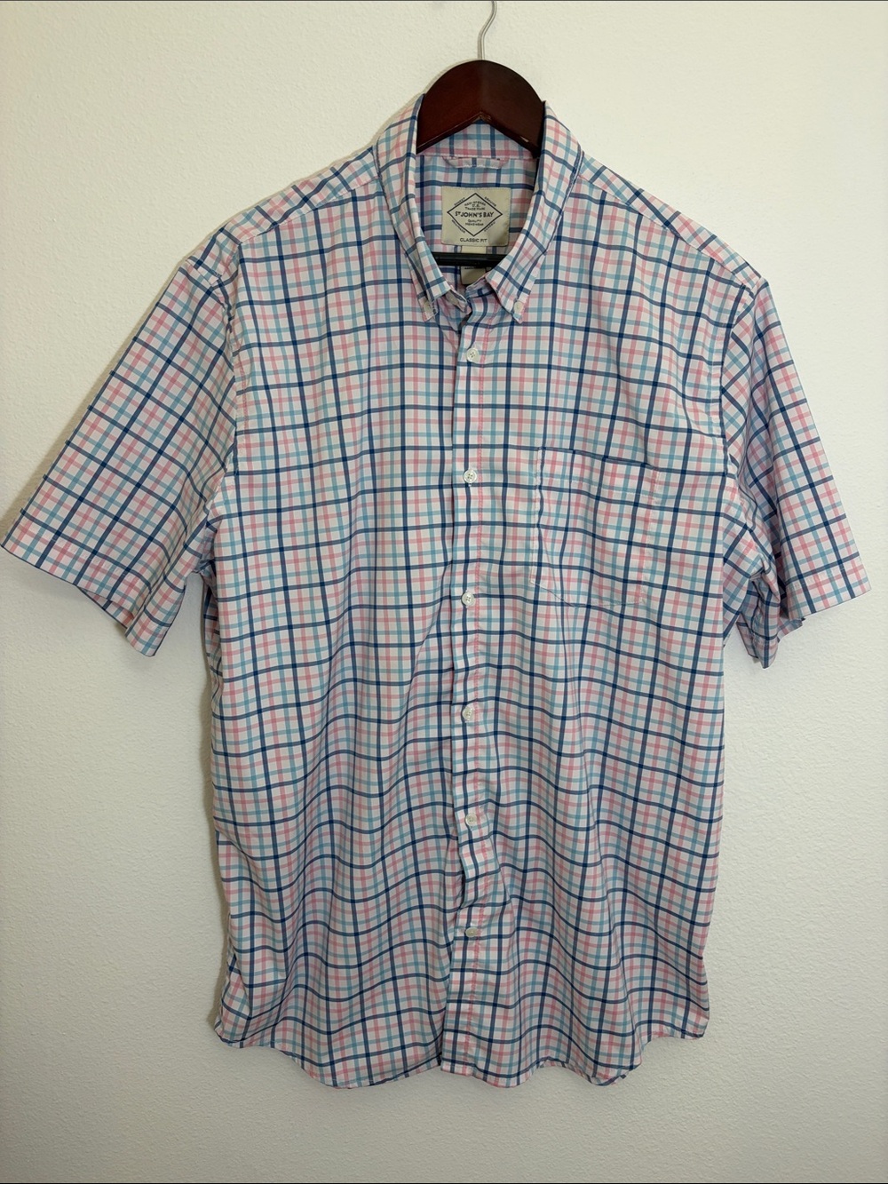 St. John’s Bay Short Sleeve White Pink Blue Plaid Button-Down Shirt
